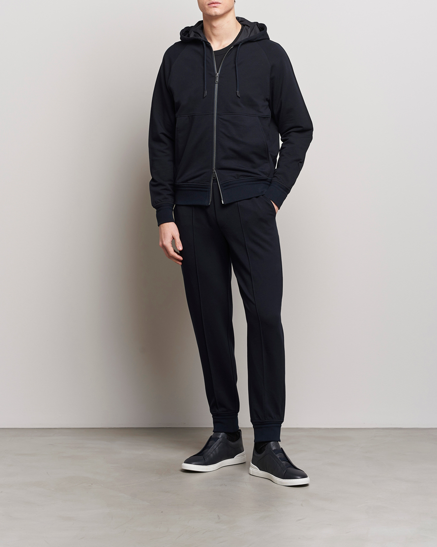 Hombres | Jerséis y prendas de punto | Zegna | Cotton Stretch Zip Hoodie Navy