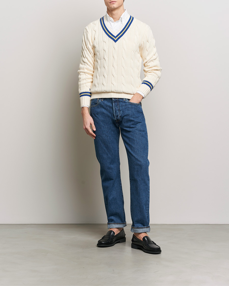 Hombres | Jerséis y prendas de punto | Polo Ralph Lauren | Cricket Cotton V-Neck Sweater Cream/Navy Stripe