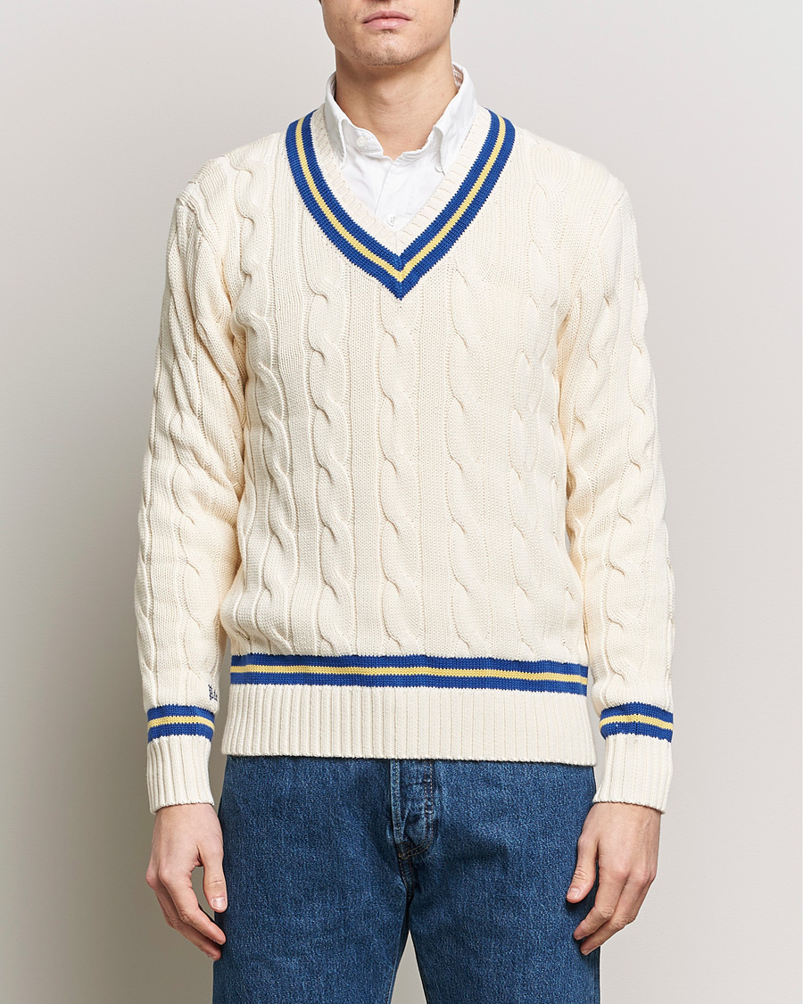 Hombres |  | Polo Ralph Lauren | Cricket Cotton V-Neck Sweater Cream/Navy Stripe