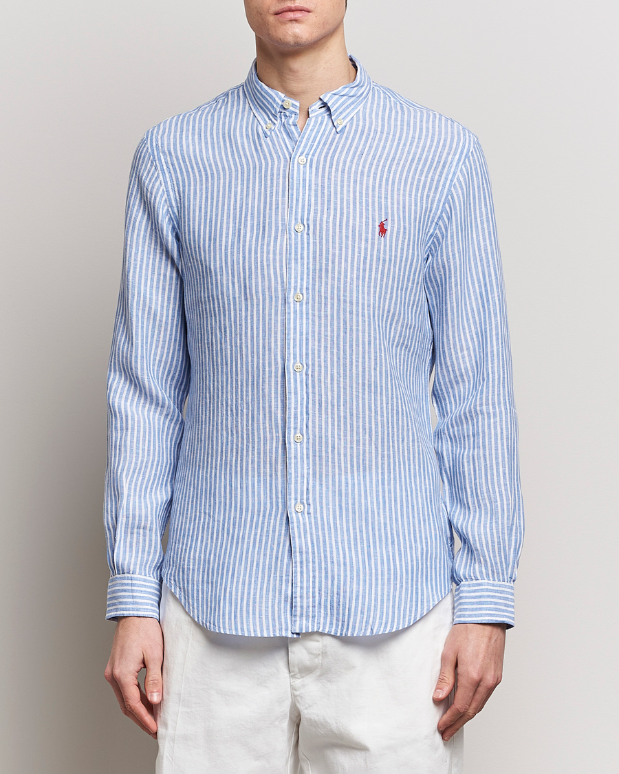 Hombres | Camisas de lino | Polo Ralph Lauren | Slim Fit Striped Button Down Linen Shirt Blue/White