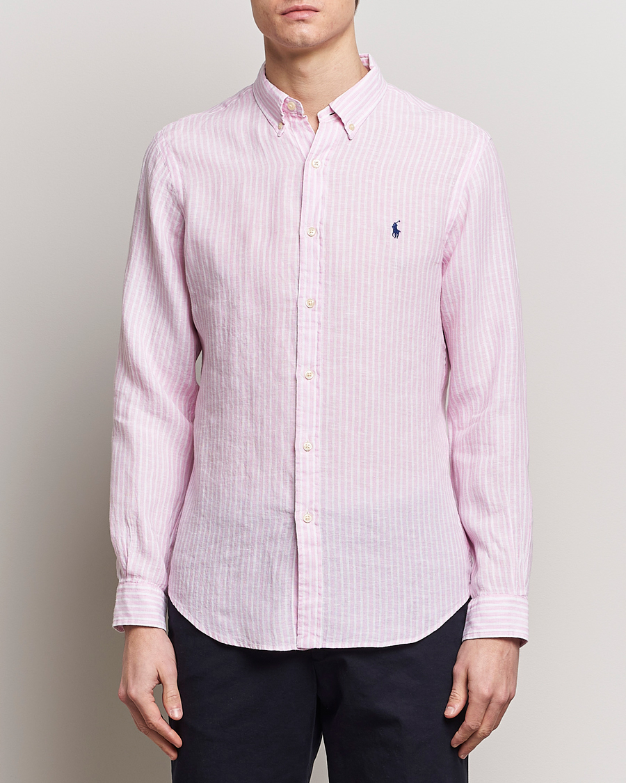 Hombres |  | Polo Ralph Lauren | Slim Fit Striped Button Down Linen Shirt Pink/White