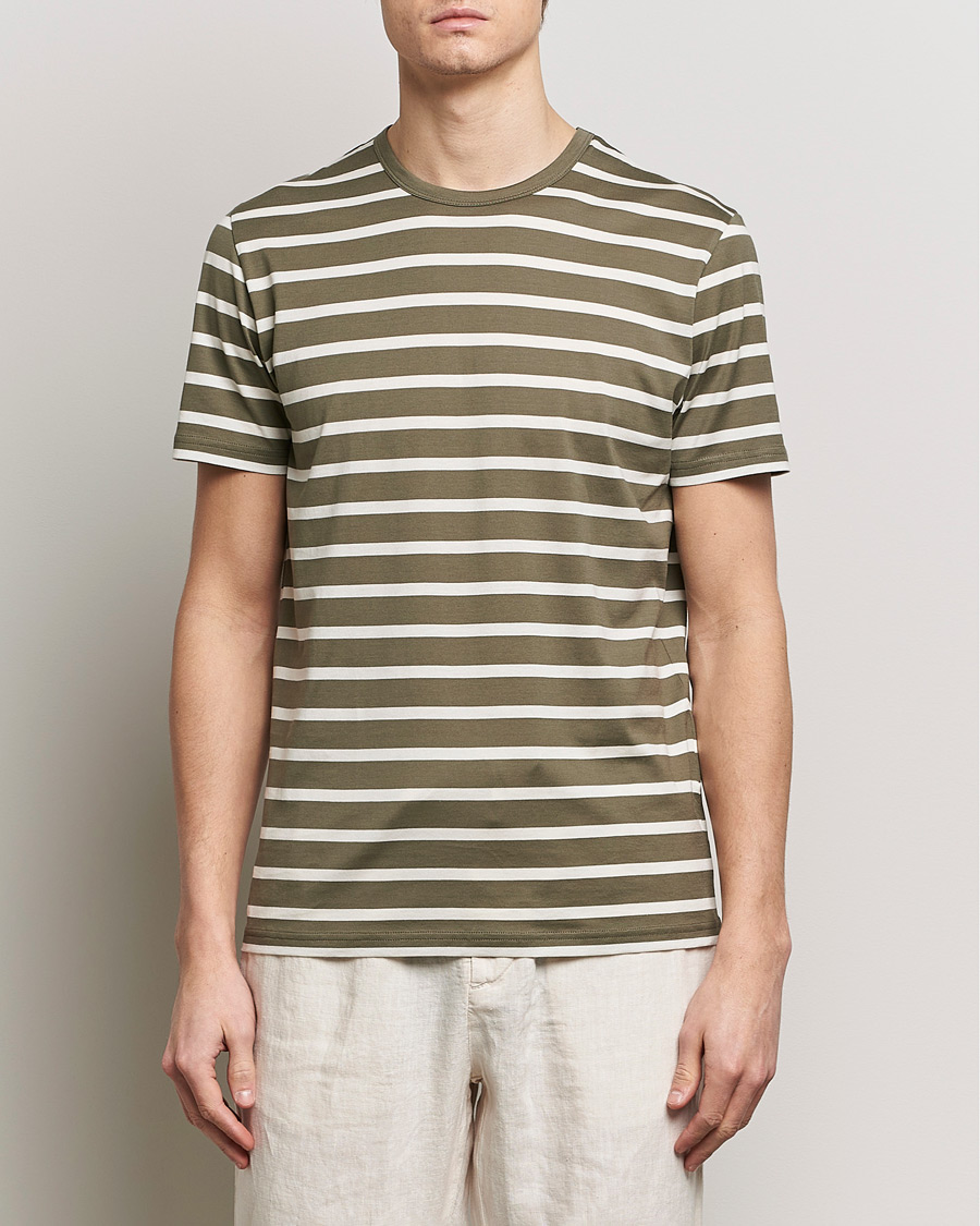 Hombres | Camisetas de manga corta | Sunspel | Striped Crew Neck Cotton Tee Khaki