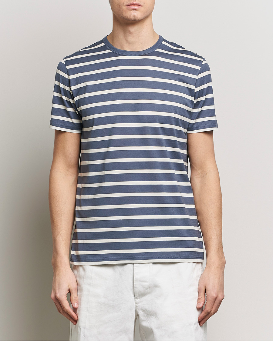 Hombres | Camisetas | Sunspel | Striped Crew Neck Cotton Tee Slate Blue