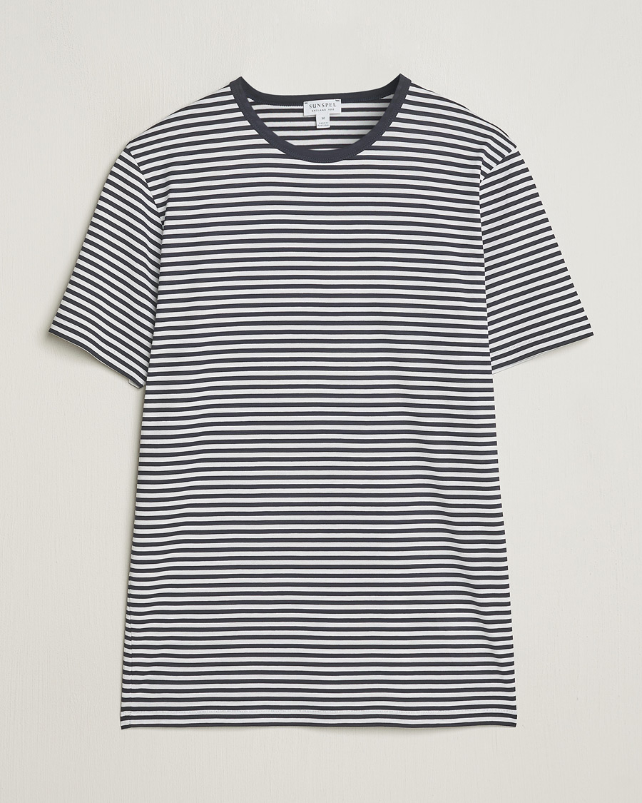Hombres | Camisetas | Sunspel | Striped Crew Neck Q82 Cotton T-Shirt White/Navy