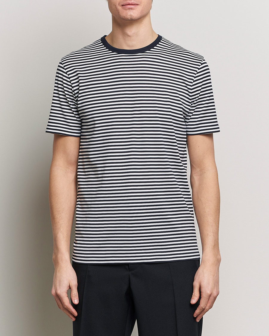 Hombres | Camisetas | Sunspel | Striped Crew Neck Cotton Tee White/Navy