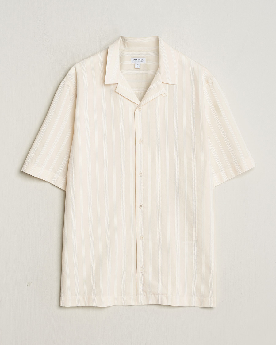 Hombres | Camisas | Sunspel | Embroidered Striped Short Sleeve Shirt Ecru