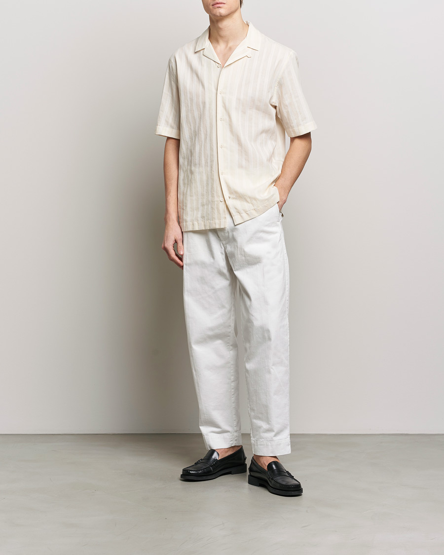 Hombres | Camisas | Sunspel | Embroidered Striped Short Sleeve Shirt Ecru