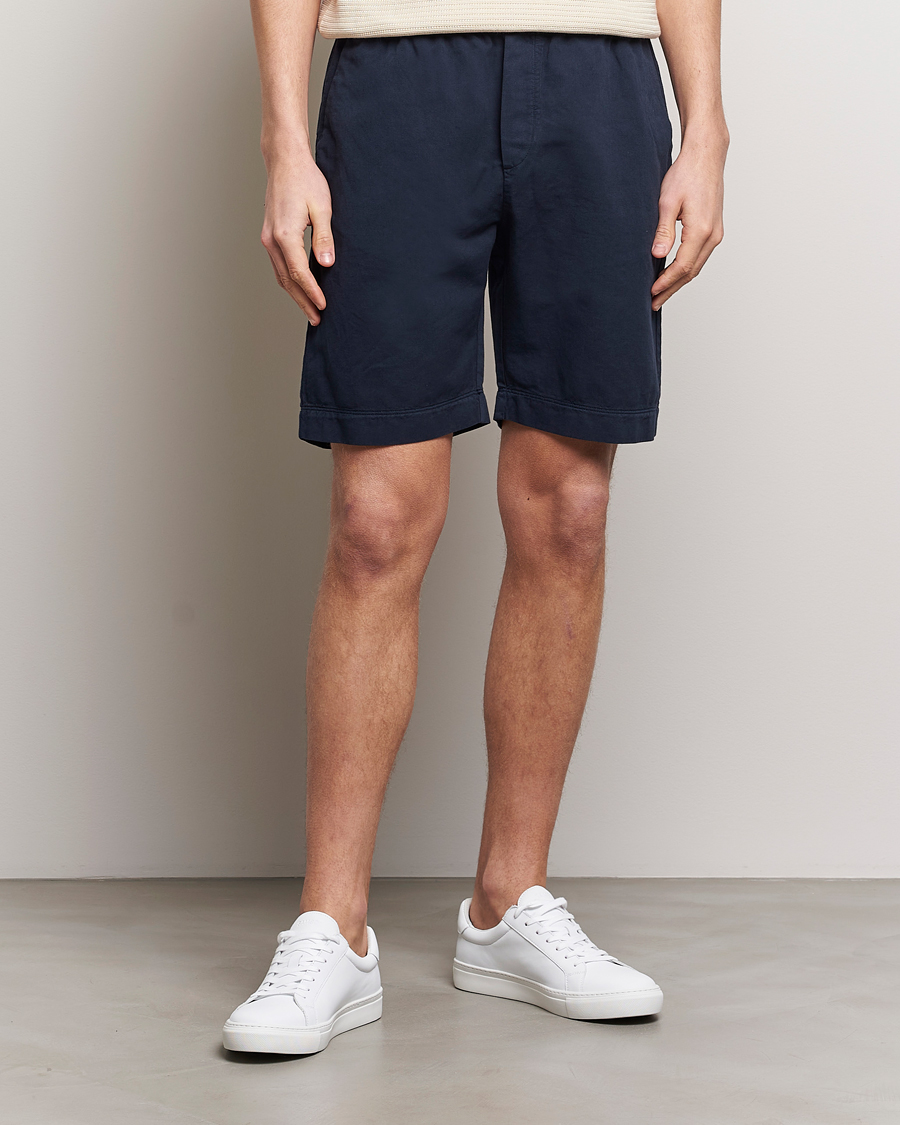 Hombres | Pantalones cortos | Sunspel | Cotton/Linen Drawstring Shorts Navy