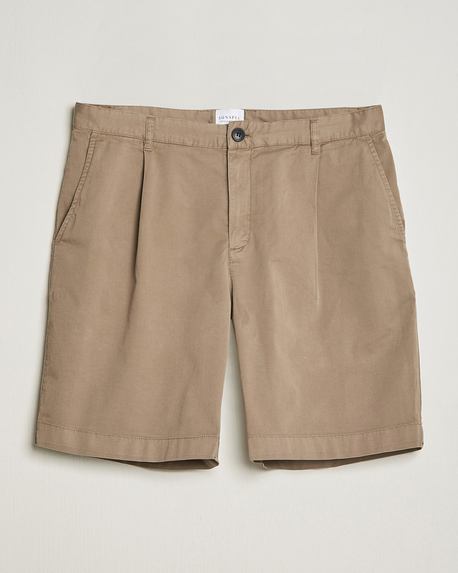 Hombres | Pantalones cortos | Sunspel | Pleated Stretch Cotton Twill Shorts Dark Stone