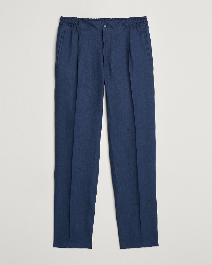 Hombres | Pantalones | Kiton | Pure Linen Drawstring Trousers Dark Blue