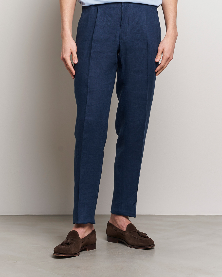 Hombres | Pantalones de lino | Kiton | Pure Linen Drawstring Trousers Dark Blue