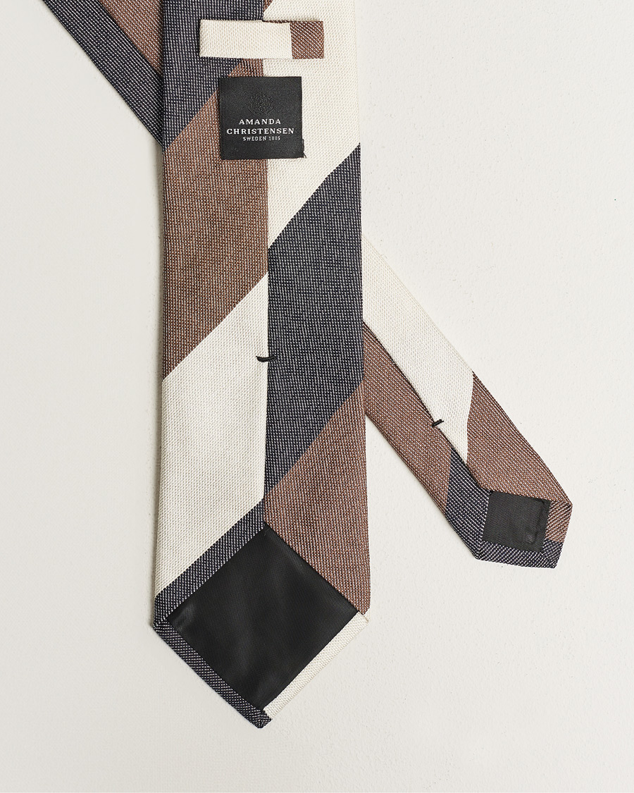 Hombres | Amanda Christensen Silk Bouclé Block Striped 8cm Tie White/Blue/Brown | Amanda Christensen | Silk Bouclé Block Striped 8cm Tie White/Blue/Brown
