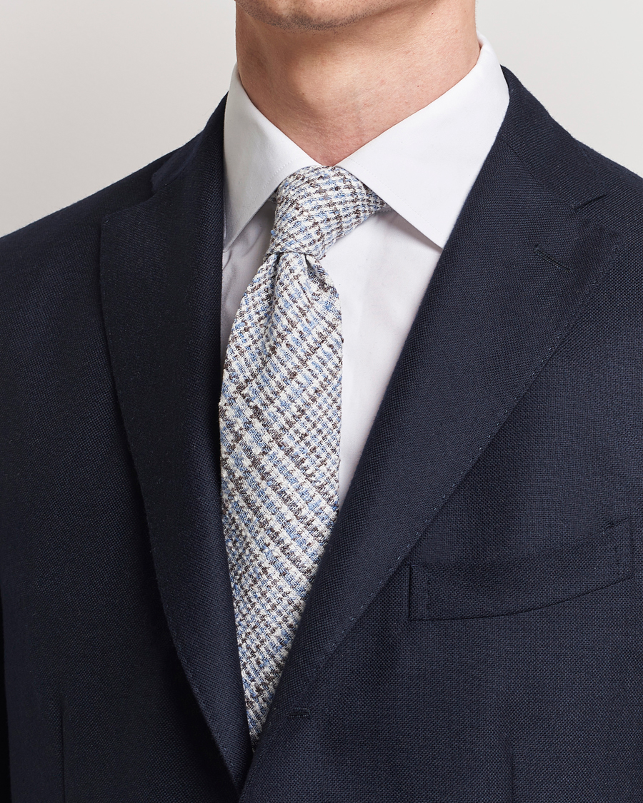 Hombres |  | Amanda Christensen | Linen Structured 8cm Tie White/Blue/Brown