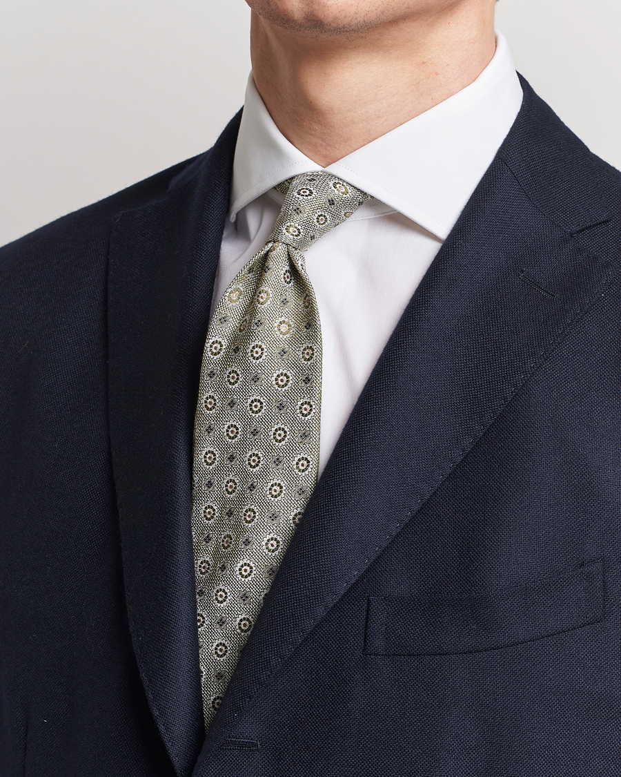Hombres | Business casual | Amanda Christensen | Linen/Silk Printed Flower 8cm Tie Green