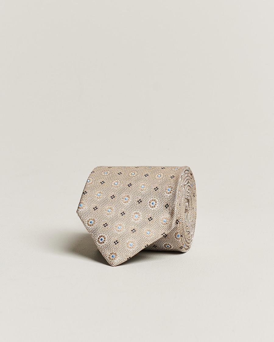 Hombres | Amanda Christensen Linen/Silk Printed Flower 8cm Tie Beige | Amanda Christensen | Linen/Silk Printed Flower 8cm Tie Beige