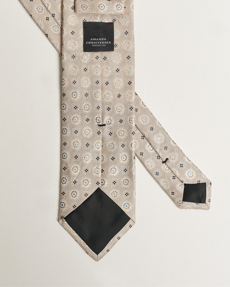 Hombres | Amanda Christensen Linen/Silk Printed Flower 8cm Tie Beige | Amanda Christensen | Linen/Silk Printed Flower 8cm Tie Beige