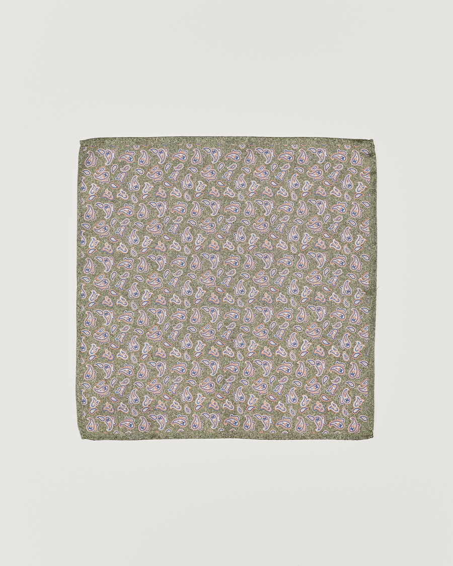 Hombres | Amanda Christensen Silk Oxford Printed Paisley Pocket Square Green | Amanda Christensen | Silk Oxford Printed Paisley Pocket Square Green