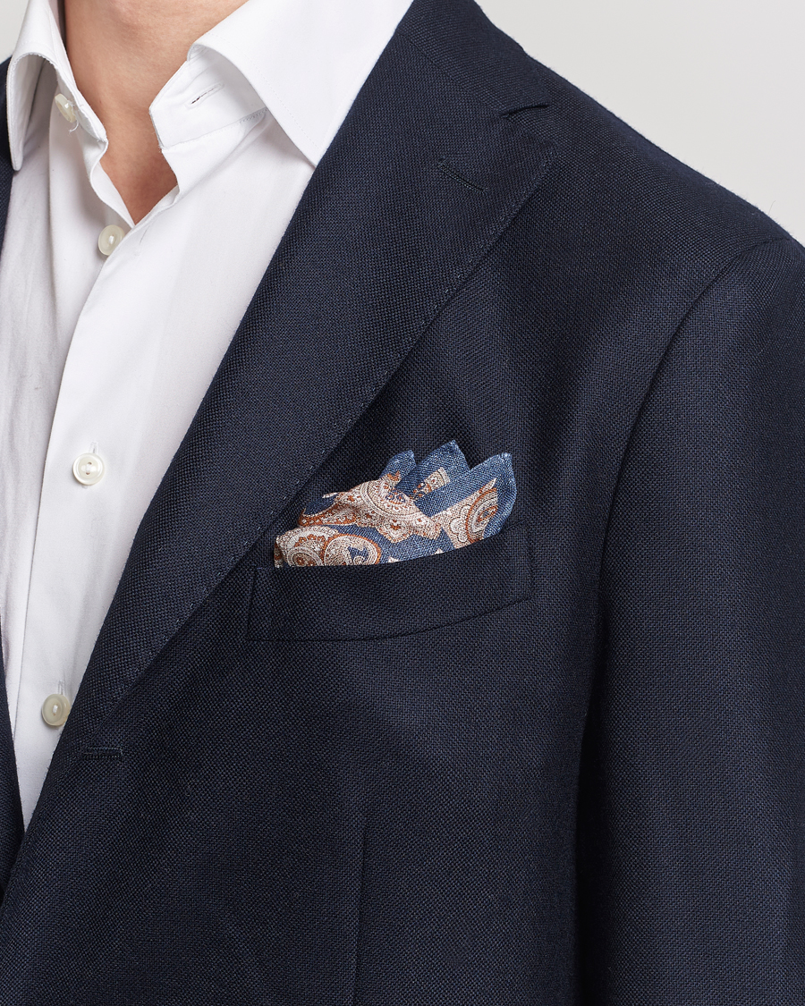 Hombres | Elegante casual | Amanda Christensen | Linen Printed Large Paisley Pocket Square Navy