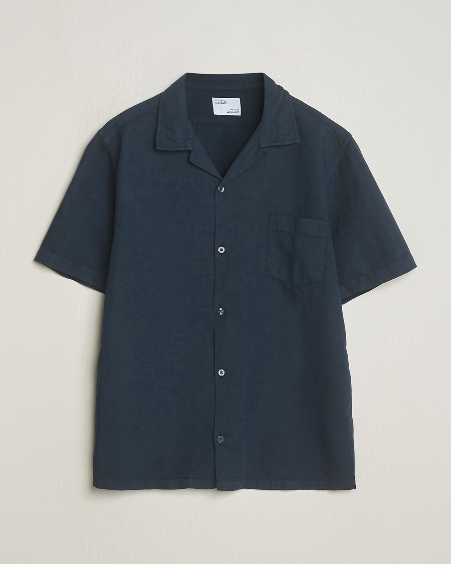 Hombres | Camisas | Colorful Standard | Cotton/Linen Short Sleeve Shirt Navy Blue