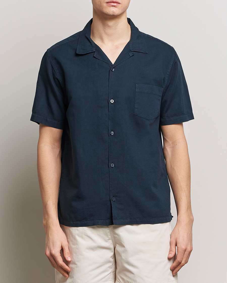 Hombres | Camisas | Colorful Standard | Cotton/Linen Short Sleeve Shirt Navy Blue