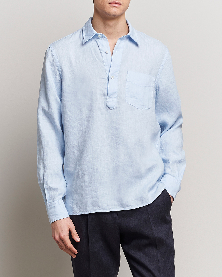 Hombres | Camisas de lino | Aspesi | Linen Popover Shirt Light Blue
