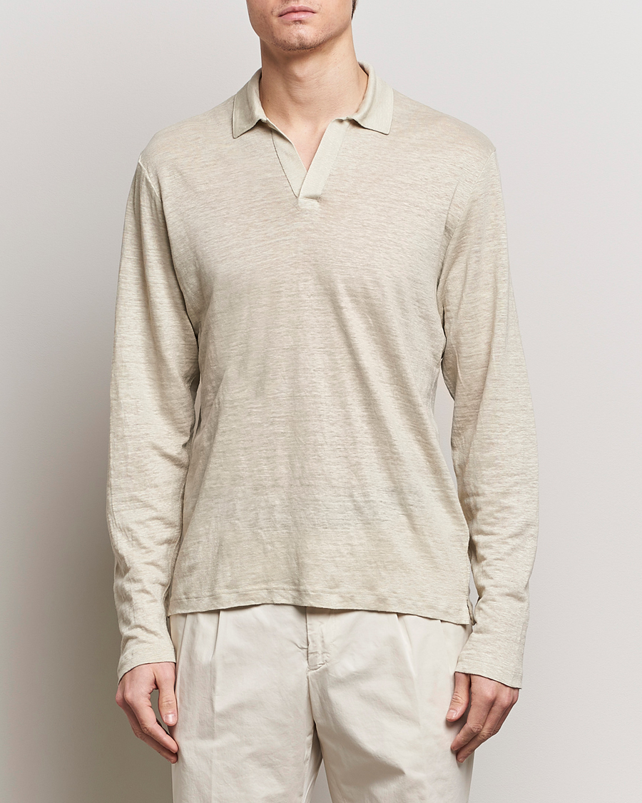Hombres | Polos | Gran Sasso | Washed Linen Long Sleeve Polo Beige Melange