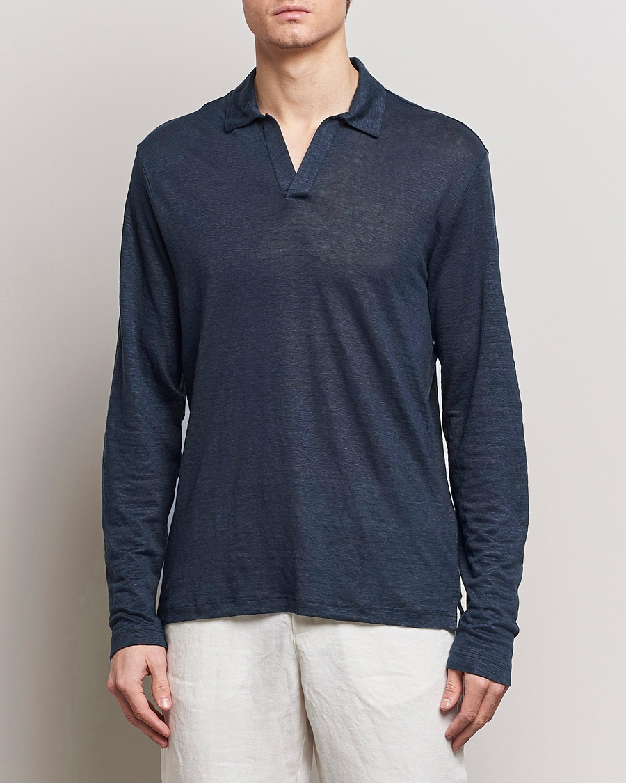 Hombres | Camisas polo de manga larga | Gran Sasso | Washed Linen Long Sleeve Polo Navy