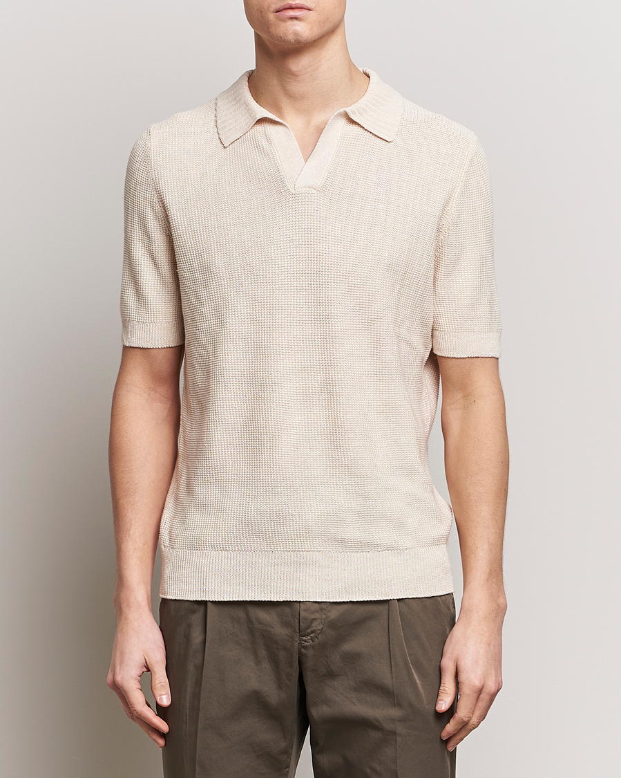 Hombres | Camisas polo de manga corta | Gran Sasso | Linen/Cotton Open Collar Polo Cream