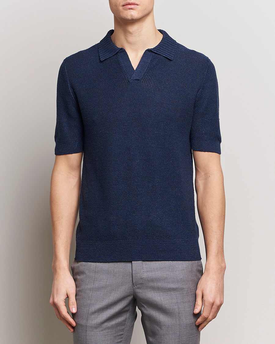 Hombres | Camisas polo de manga corta | Gran Sasso | Linen/Cotton Open Collar Polo Navy