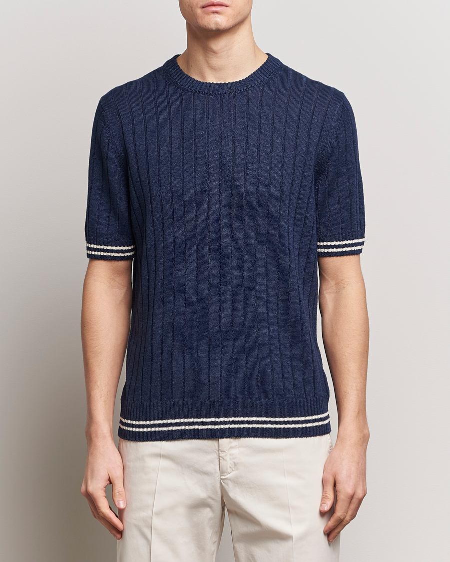 Hombres | Camisetas | Gran Sasso | Linen/Cotton Structured T-Shirt Navy