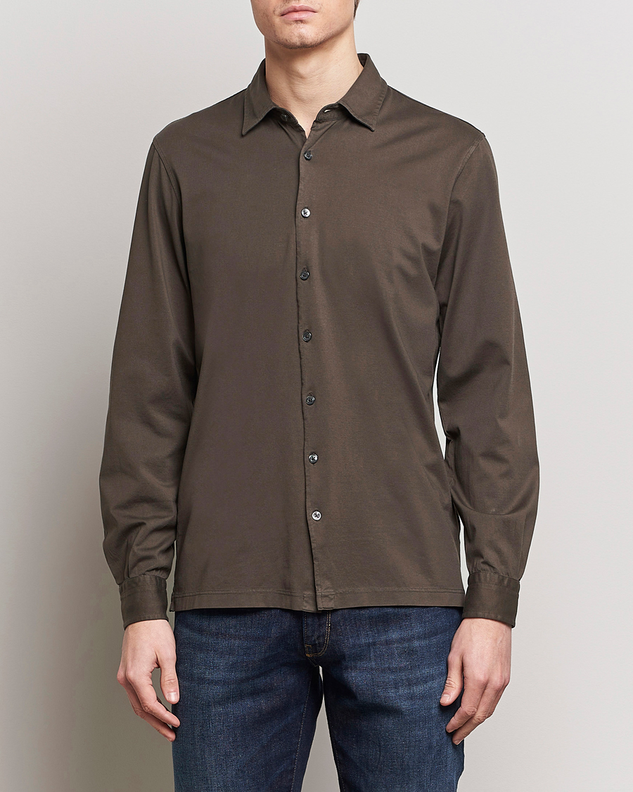 Hombres | Casual | Gran Sasso | Washed Cotton Jersey Shirt Dark Brown