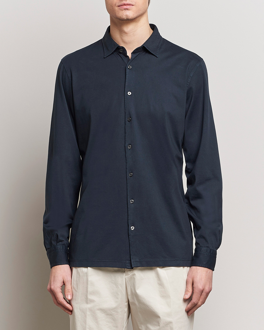 Hombres | Camisas | Gran Sasso | Washed Cotton Jersey Shirt Navy