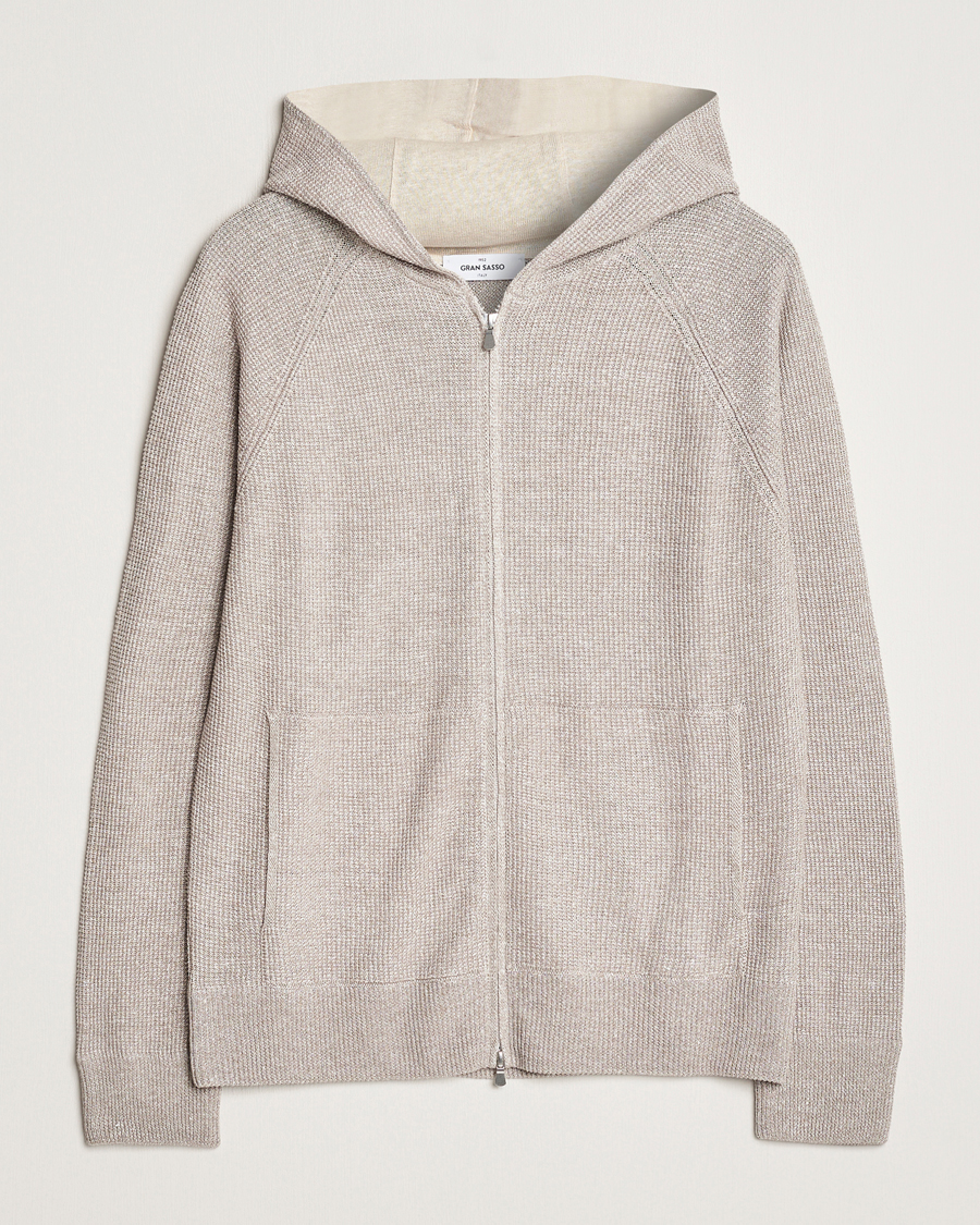 Hombres | Jerséis y prendas de punto | Gran Sasso | Linen/Cotton Knitted Hooded Full Zip Beige Melange