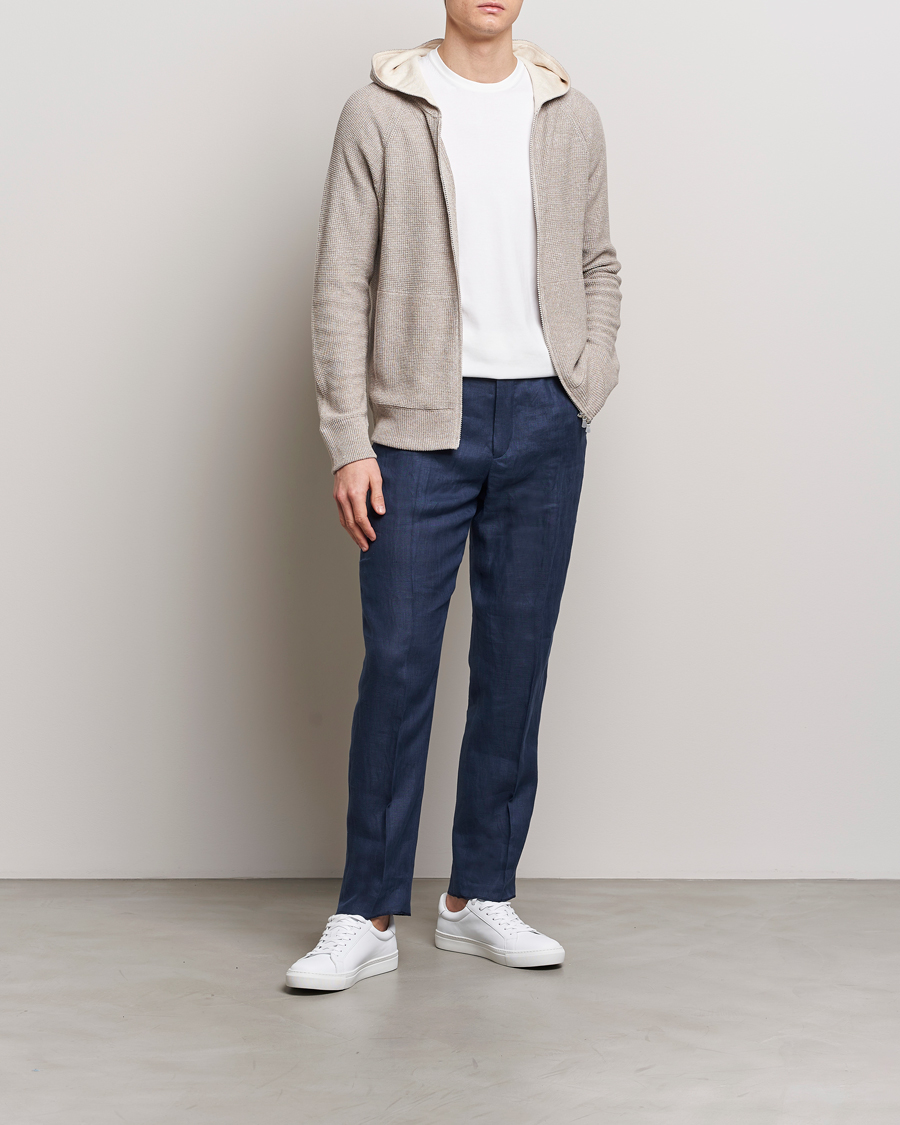 Hombres | Jerséis y prendas de punto | Gran Sasso | Linen/Cotton Knitted Hooded Full Zip Beige Melange