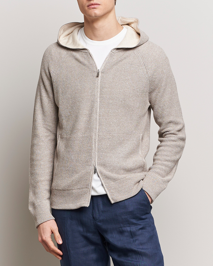 Hombres | Jerséis y prendas de punto | Gran Sasso | Linen/Cotton Knitted Hooded Full Zip Beige Melange