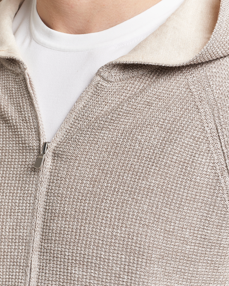 Hombres | Jerséis y prendas de punto | Gran Sasso | Linen/Cotton Knitted Hooded Full Zip Beige Melange