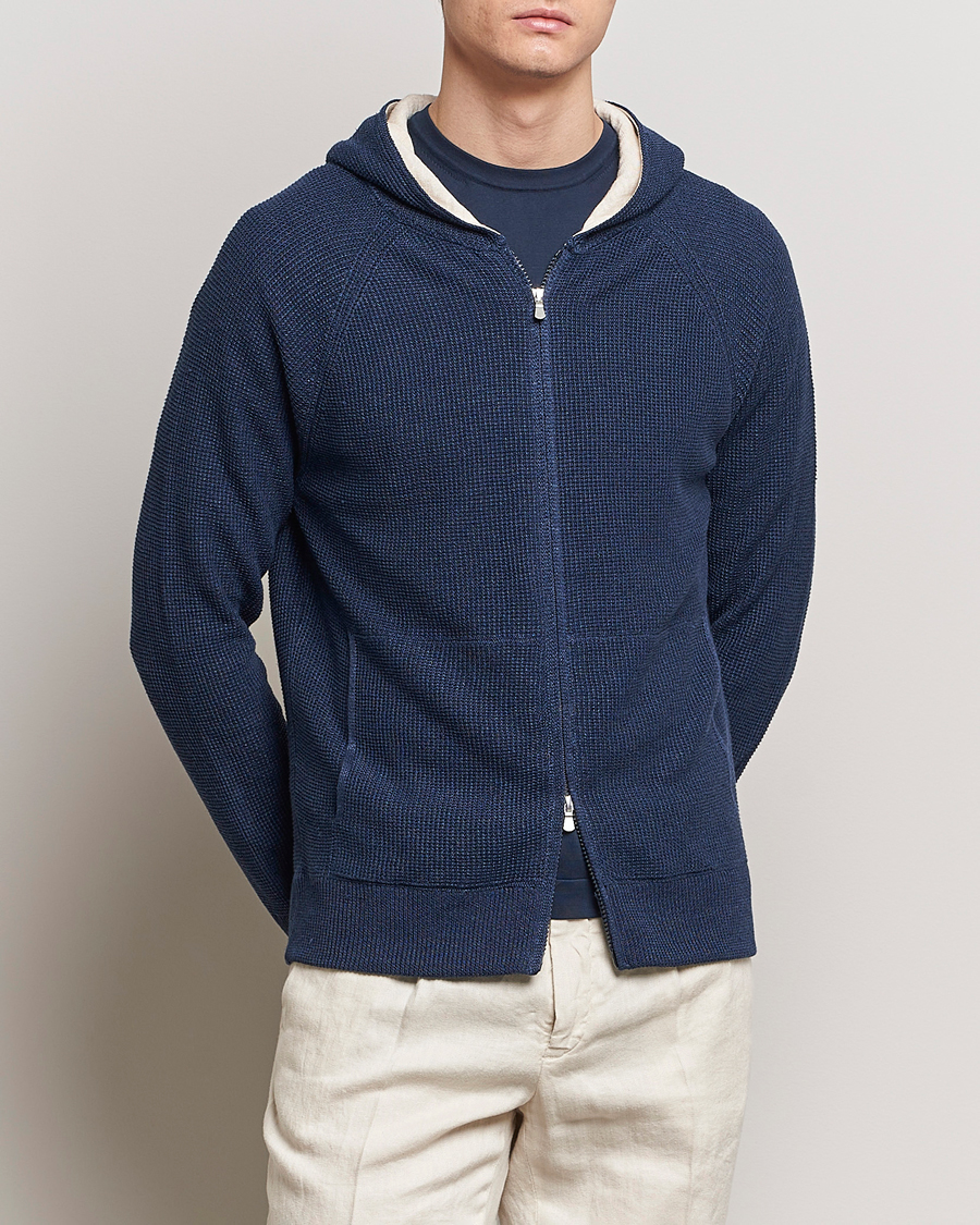 Hombres | Sudaderas con capucha | Gran Sasso | Linen/Cotton Knitted Hooded Full Zip Navy
