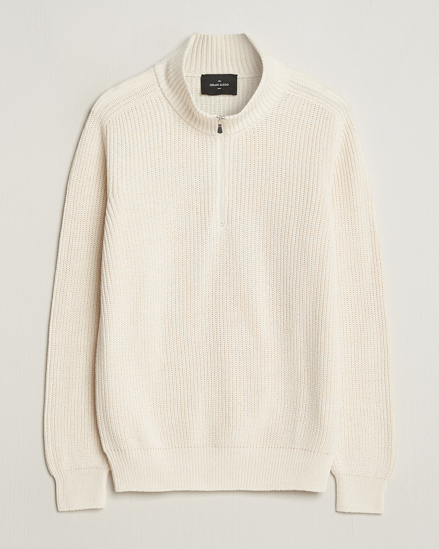 Hombres | Jerséis y prendas de punto | Gran Sasso | Cotton Heavy Knitted Half Zip Cream