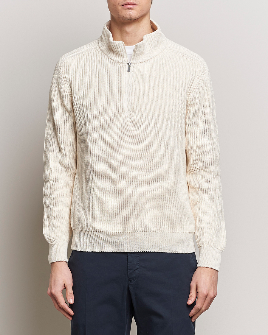 Hombres | Jerséis y prendas de punto | Gran Sasso | Cotton Heavy Knitted Half Zip Cream