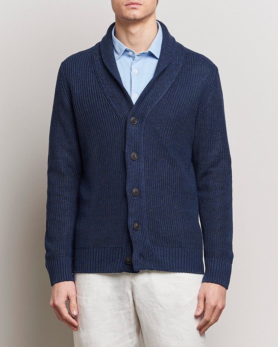 Hombres | Jerséis y prendas de punto | Gran Sasso | Linen/Cotton Shawl Collar Cardigan Navy