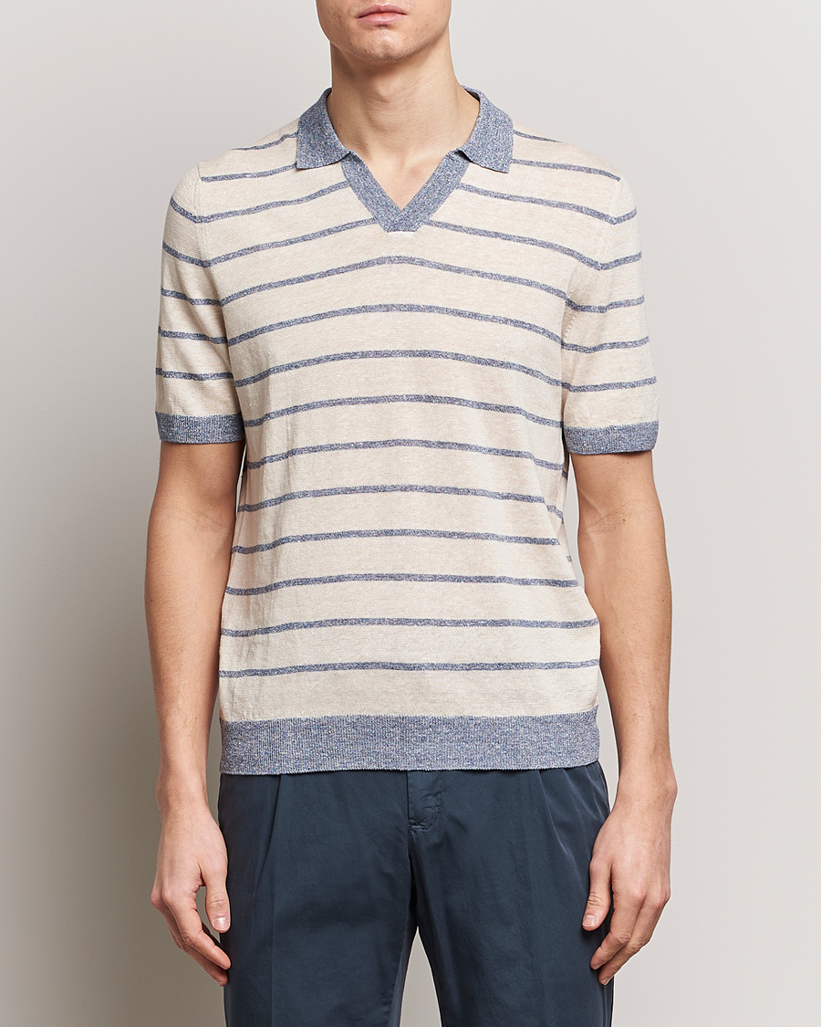 Hombres | Italian Department | Gran Sasso | Linen/Cotton Knitted Striped Open Collar Polo Cream/Blue