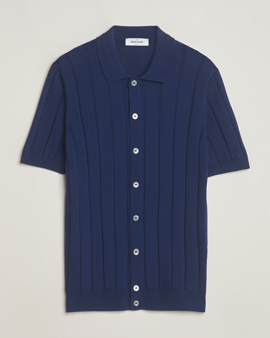 Hombres | Camisas | Gran Sasso | Cotton Structured Knitted Short Sleeve Shirt Light Navy