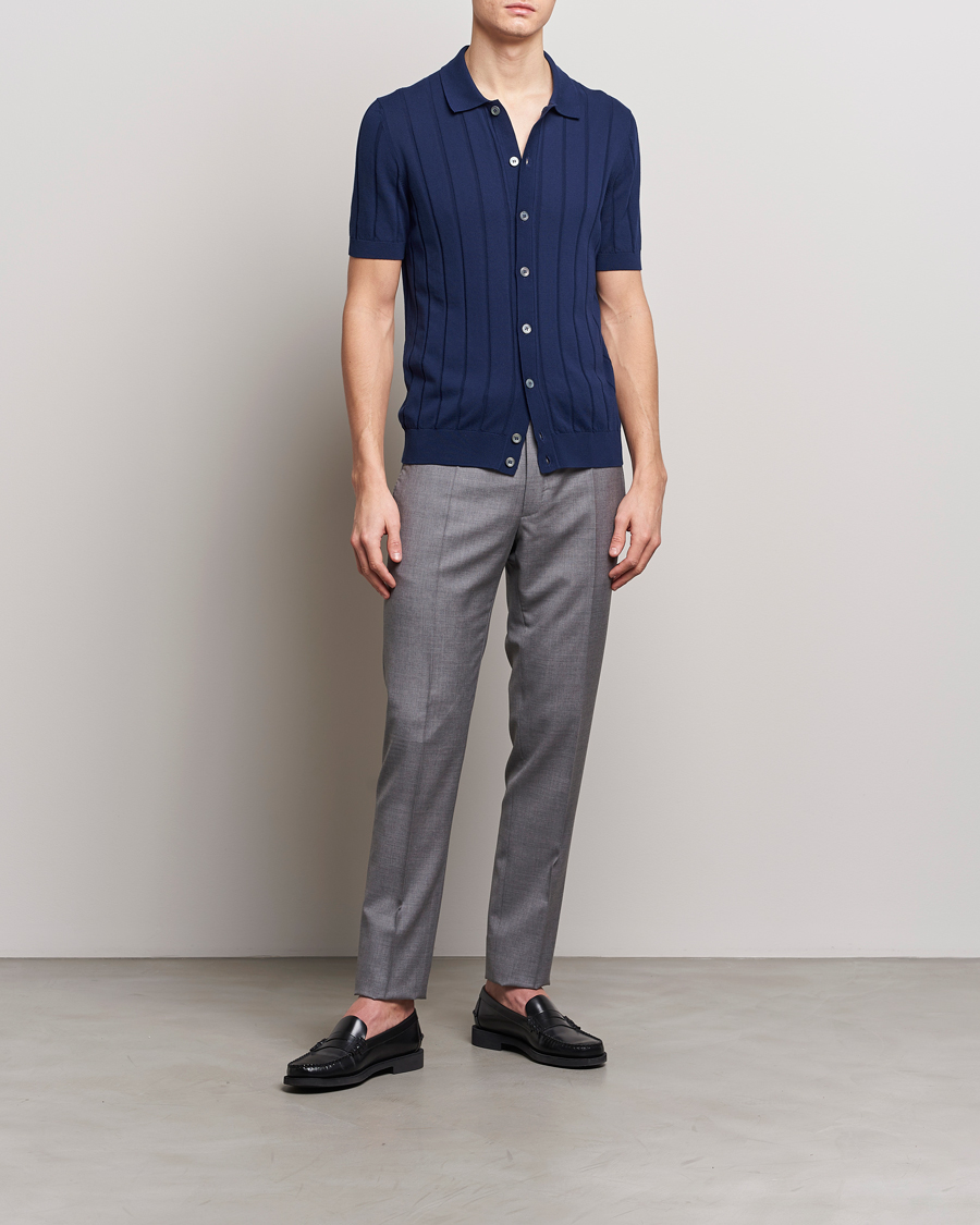 Hombres | Camisas | Gran Sasso | Cotton Structured Knitted Short Sleeve Shirt Light Navy