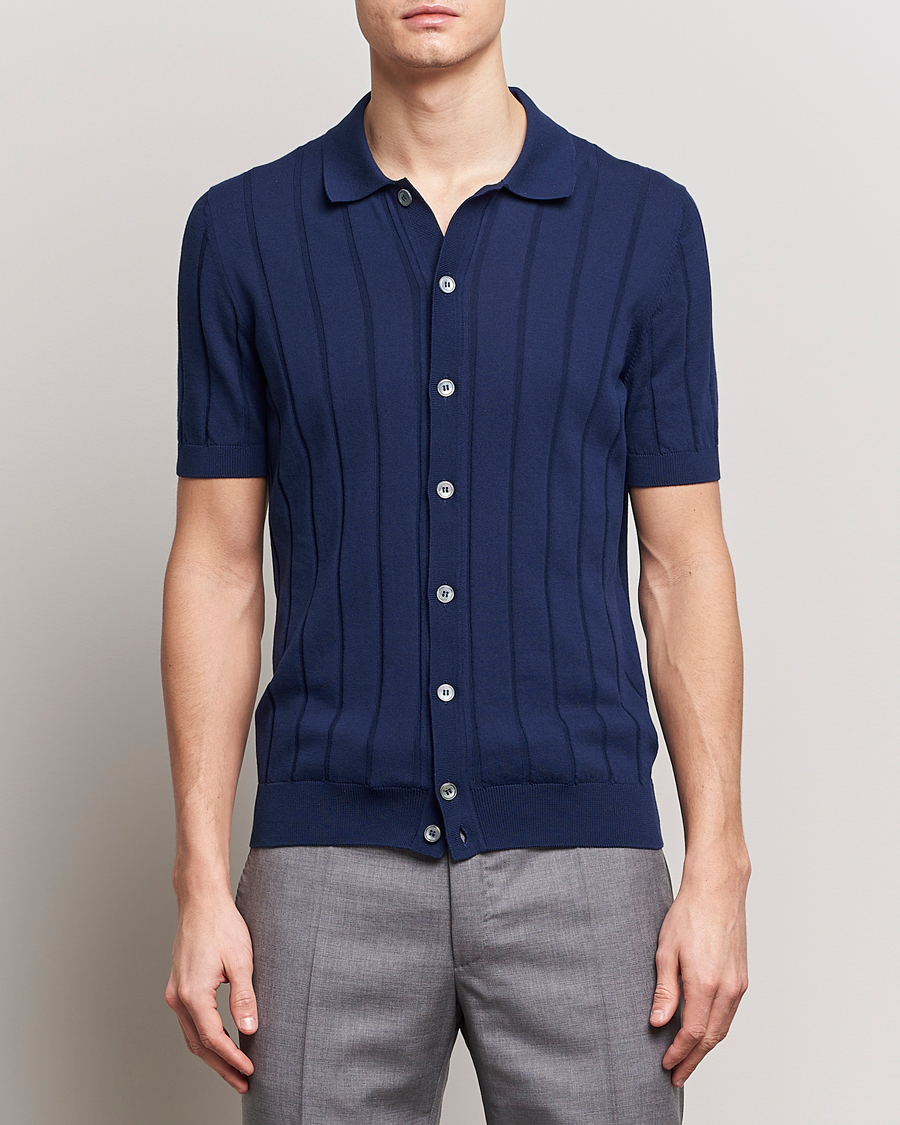Hombres | Camisas de manga corta | Gran Sasso | Cotton Structured Knitted Short Sleeve Shirt Light Navy
