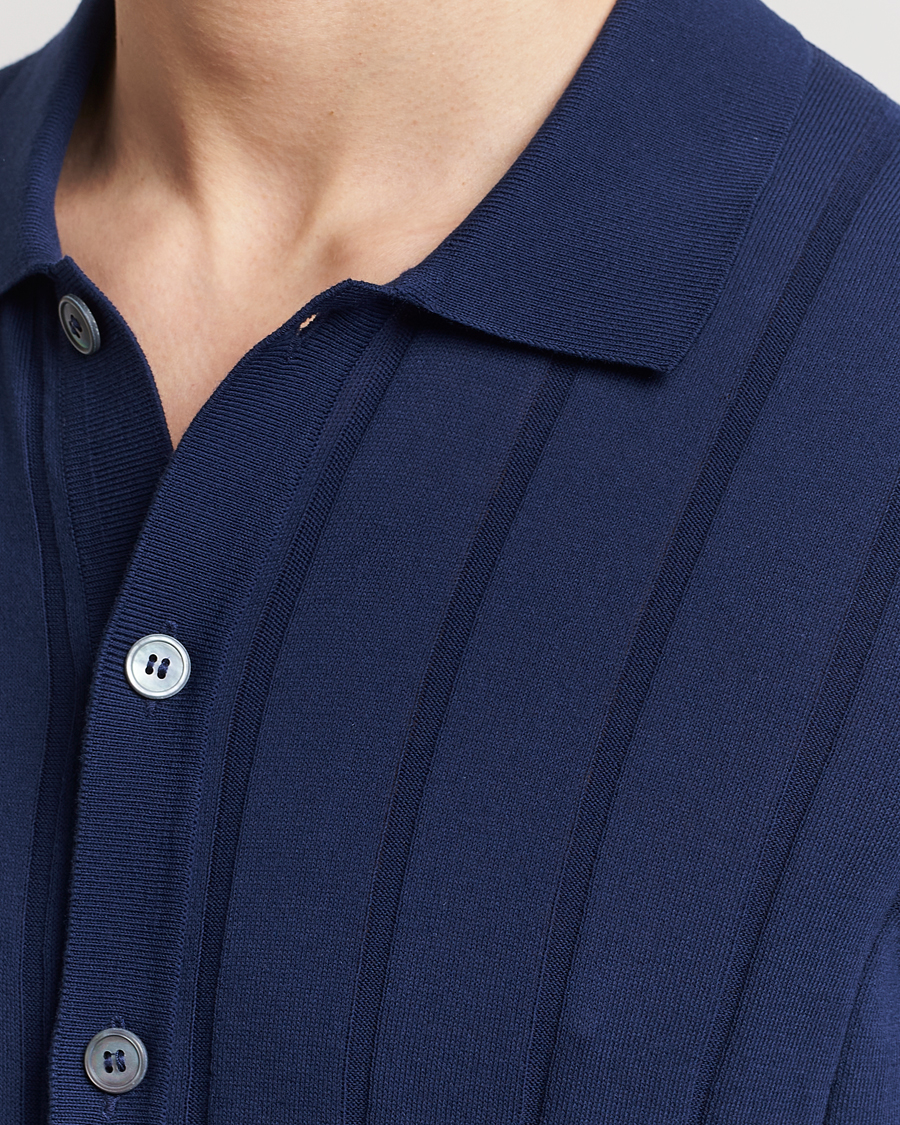 Hombres | Camisas | Gran Sasso | Cotton Structured Knitted Short Sleeve Shirt Light Navy