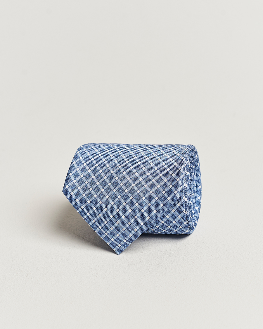 Hombres | Brioni Printed Silk Tie Blue Check | Brioni | Printed Silk Tie Blue Check