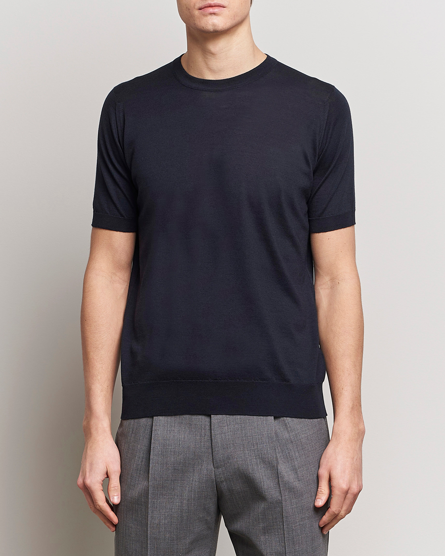 Hombres | Camisetas de manga corta | John Smedley | Hilcote Wool/Sea Island Cotton T-Shirt Navy