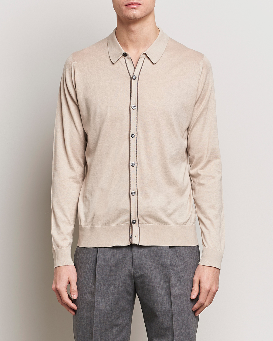 Hombres | Best of British | John Smedley | Shadow Tipped Sea Island Cotton Cardigan Almond