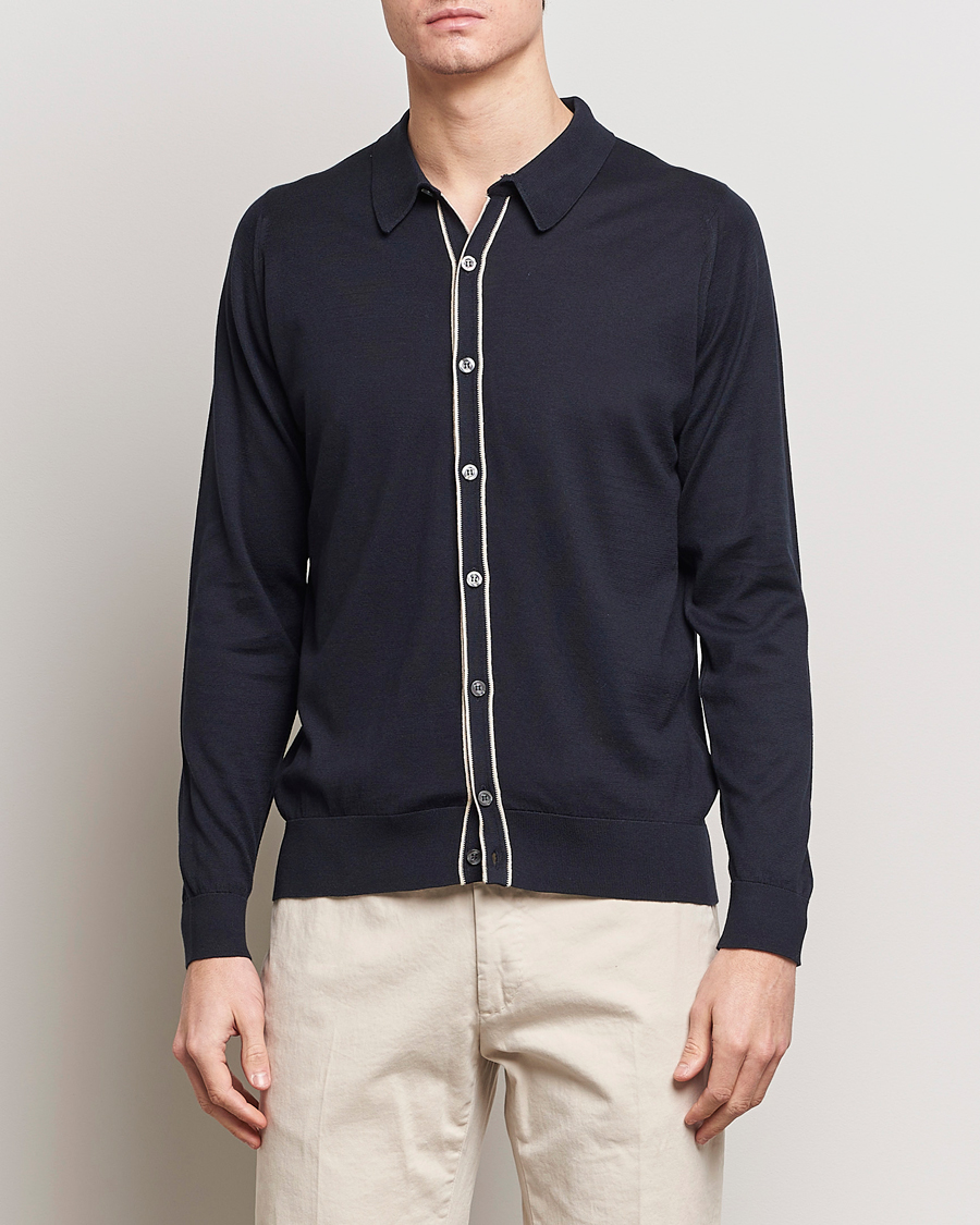 Hombres | Best of British | John Smedley | Shadow Tipped Sea Island Cotton Cardigan Navy