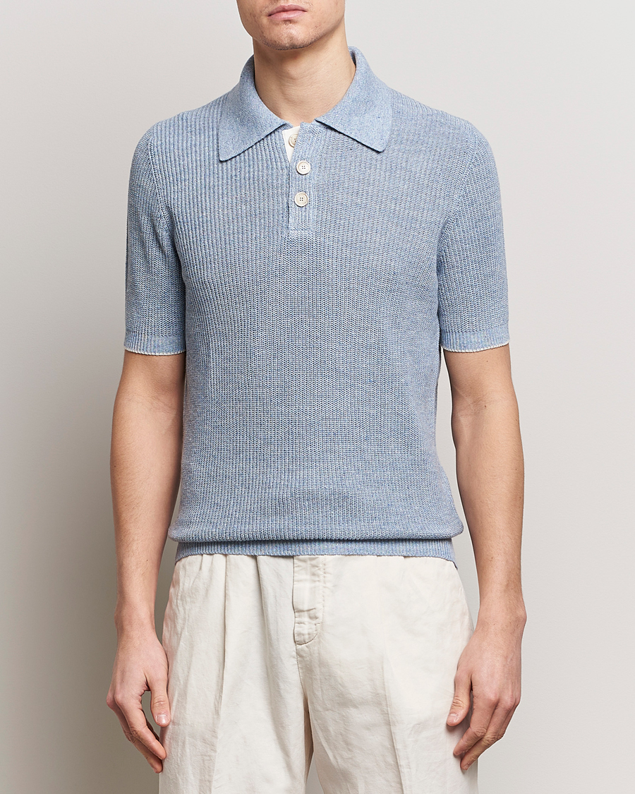 Hombres | Quiet Luxury | Brunello Cucinelli | Cotton/Linen Rib Knitted Polo Light Blue